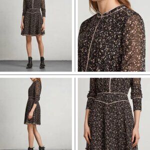 All Saints Kay Pepper Piped Floral Print Long Sheer Sleeve Dress - Size US 10